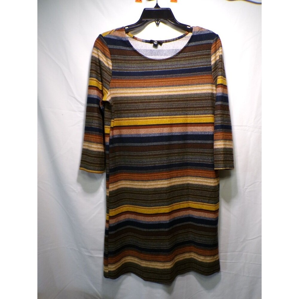Tacera Women's Multicolor Striped Shift Dress M 3/4 Sleeve Knee Length